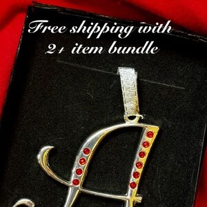 Silver plated monogram “A” holiday ornament with RED Crystals. NWOT in box.